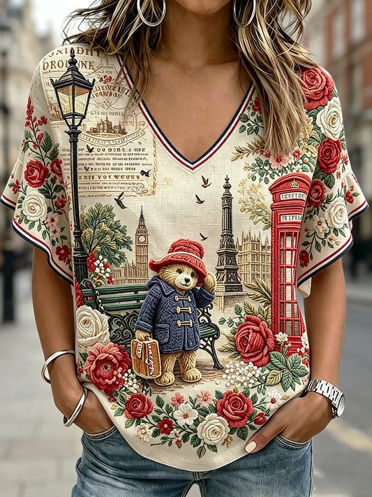 Women's Paddington Bear Printed V-neck Ruffle Sleeve T-shirt