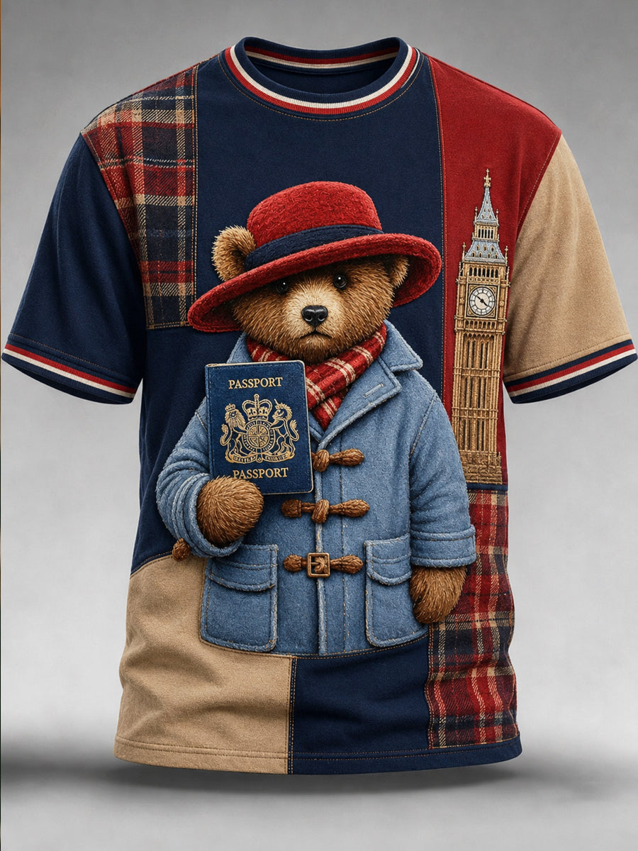 Men's Paddington Bear Printed Vintage Fashion Loose Short Sleeve T-Shirt