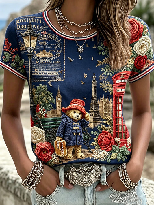 Women's Paddington Bear Printed Vintage Fashion Loose Short Sleeve T-Shirt