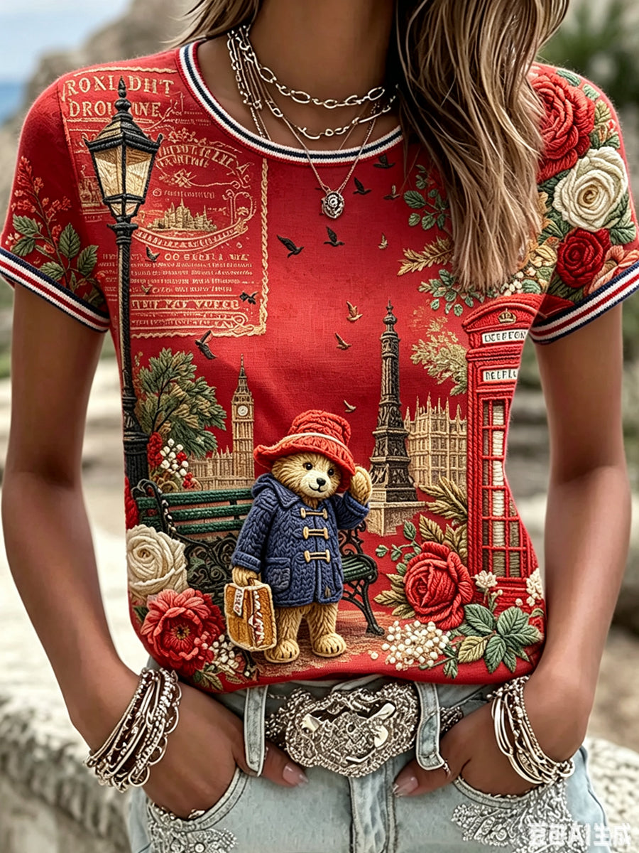 Women's Paddington Bear Printed Vintage Fashion Loose Short Sleeve T-Shirt