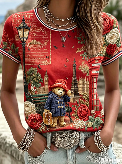 Women's Paddington Bear Printed Vintage Fashion Loose Short Sleeve T-Shirt