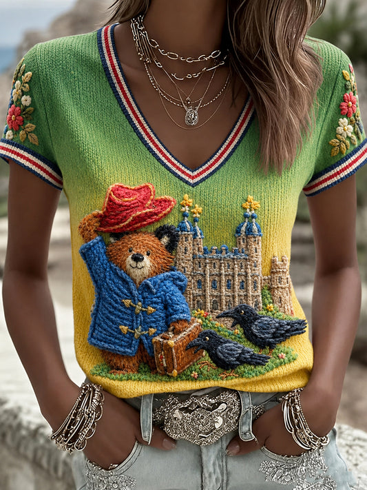 Women's Paddington Bear Printed Vintage Fashion Loose Short Sleeve T-Shirt