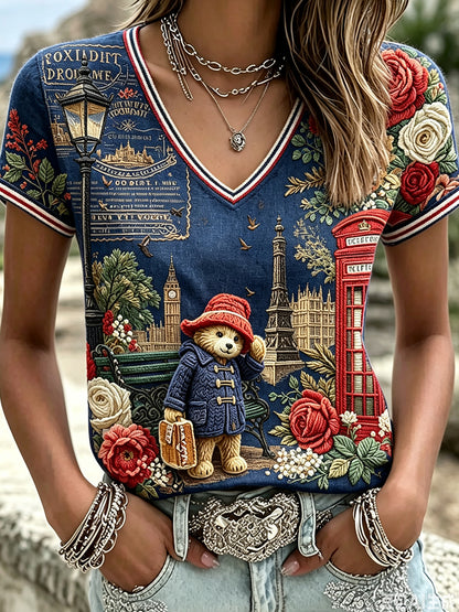 Women's Paddington Bear Printed Vintage Fashion Loose Short Sleeve T-Shirt