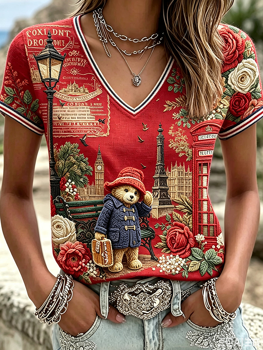 Women's Paddington Bear Printed Vintage Fashion Loose Short Sleeve T-Shirt