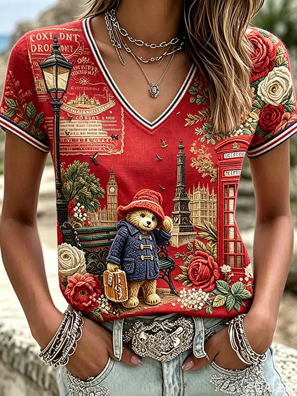 Women's Paddington Bear Printed Vintage Fashion Loose Short Sleeve T-Shirt