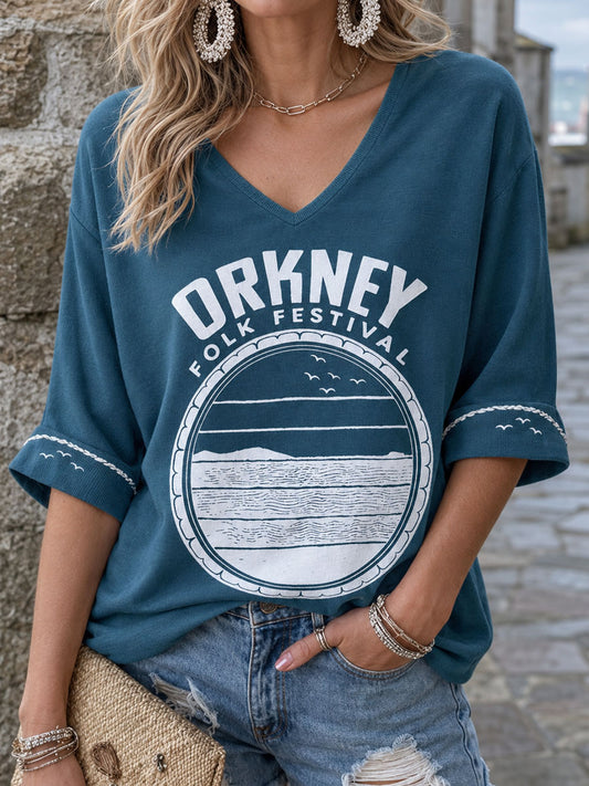 Women's Scotland Orkney Island Art Printed Linen T-shirt