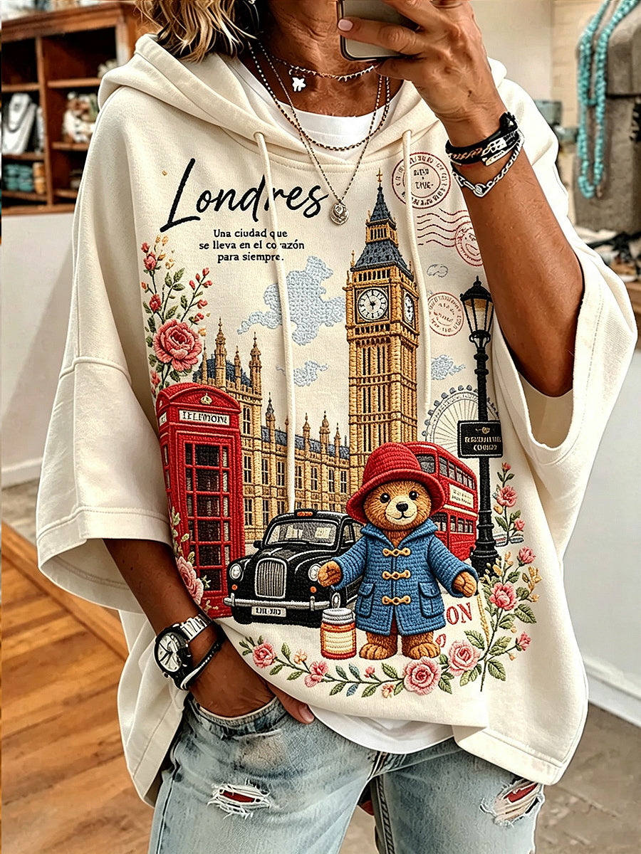 Women's Paddington Bear Printed Round-Neck Three-Quarter Sleeve Sweatshirt