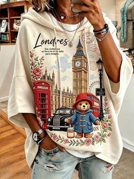 Women's Paddington Bear Printed Round-Neck Three-Quarter Sleeve Sweatshirt