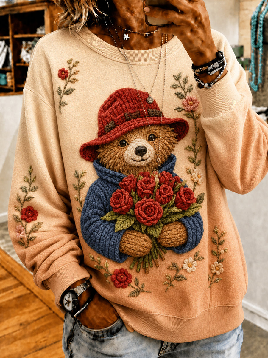 Women's Paddington Bear Printed Round-Neck Long-Sleeved Sweatshirt