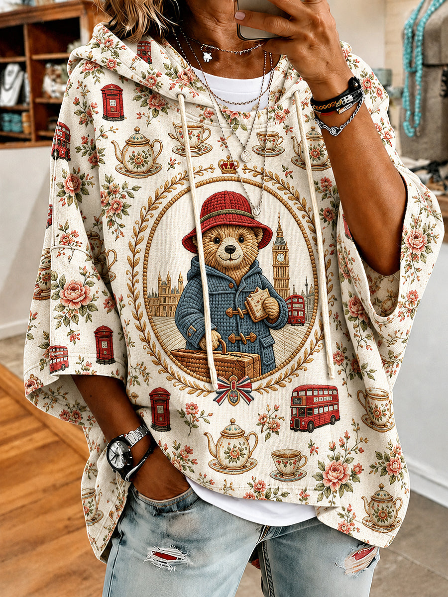 Women's Paddington Bear Printed Round-Neck Three-Quarter Sleeve Sweatshirt