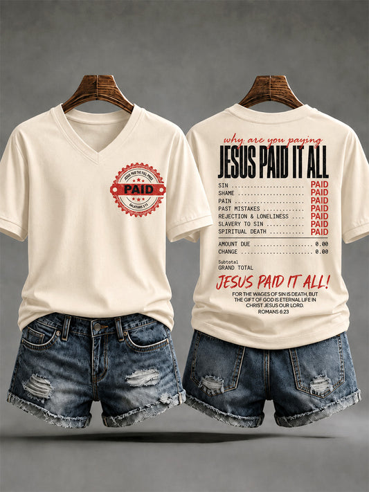 Women's Jesus Paid It All Print Casual V-Neck Tee