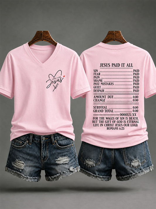 Women's Jesus Paid It All Print Casual V-Neck Tee