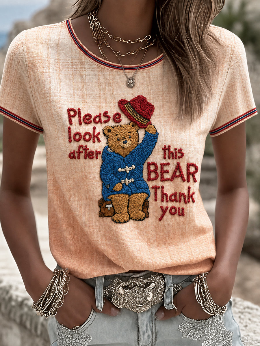 Women's Paddington Bear Printed Vintage Fashion Loose Short Sleeve T-Shirt