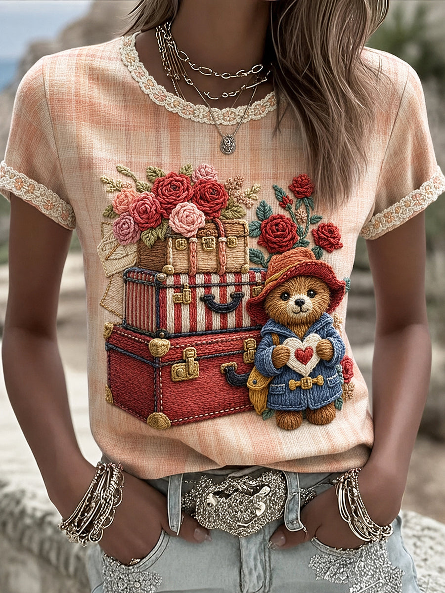 Women's Paddington Bear Printed Vintage Fashion Loose Short Sleeve T-Shirt