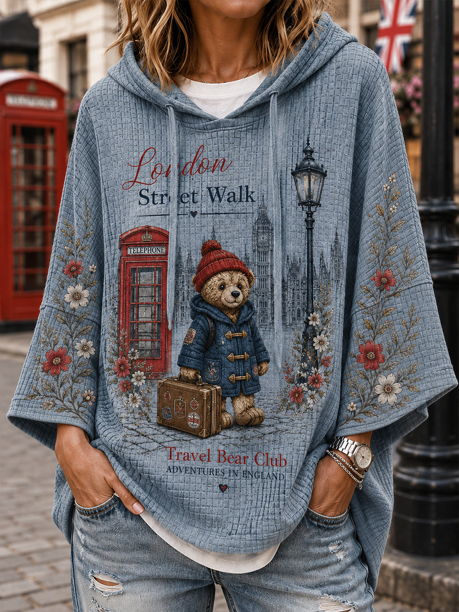 Women's Drop-Shoulder Waffle-Knit Hoodie With Cute Teddy Bear Print