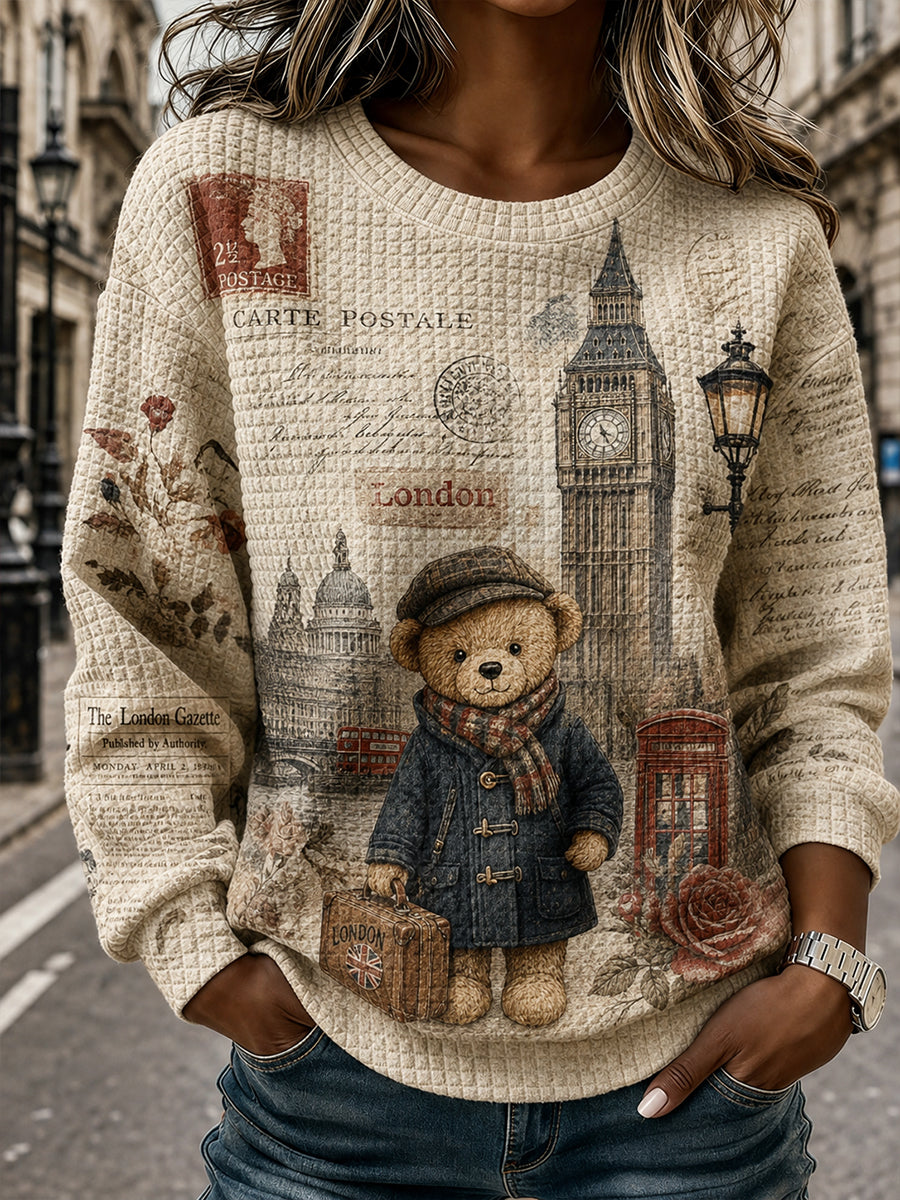 Women's Waffle-Knit Sweatshirt With Cute Teddy Bear Print