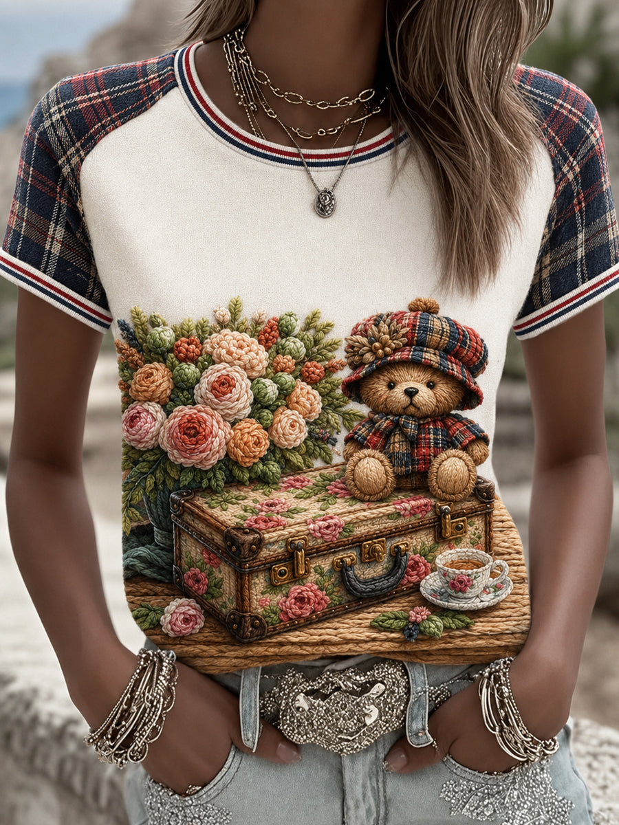 Women's Paddington Bear Printed Vintage Fashion Loose Short Sleeve T-Shirt