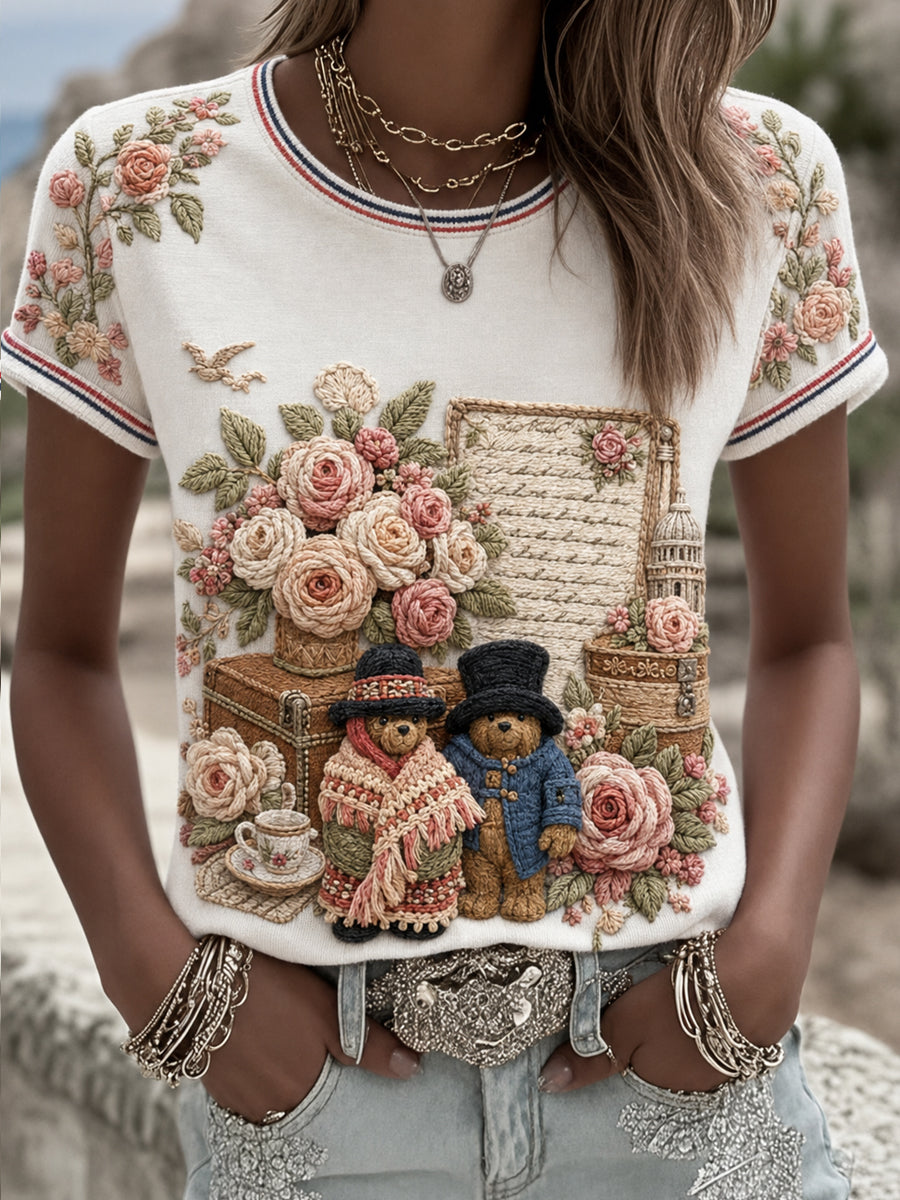 Women's Paddington Bear Printed Vintage Fashion Loose Short Sleeve T-Shirt