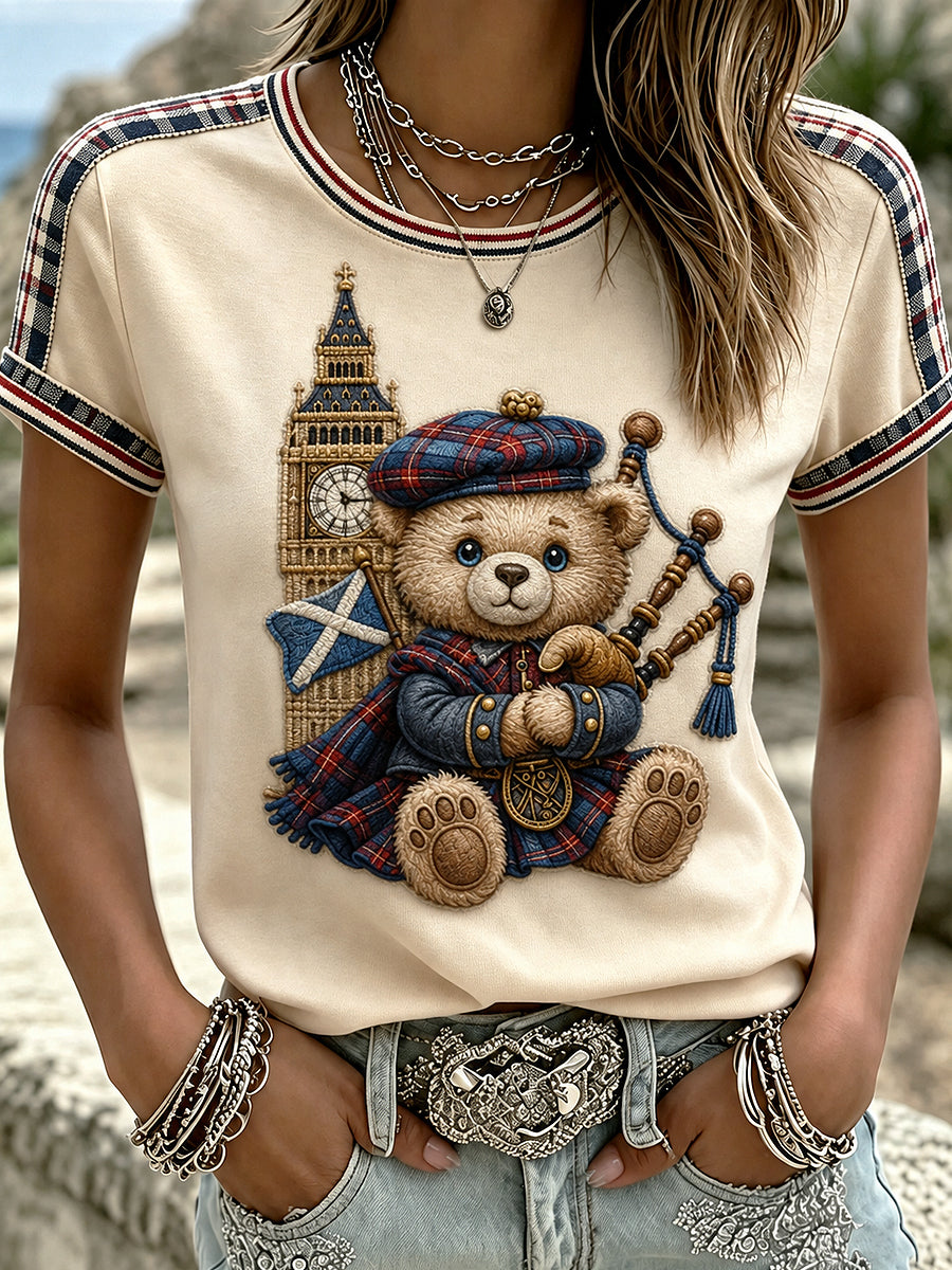 Women's Paddington Bear Printed Vintage Fashion Loose Short Sleeve T-Shirt