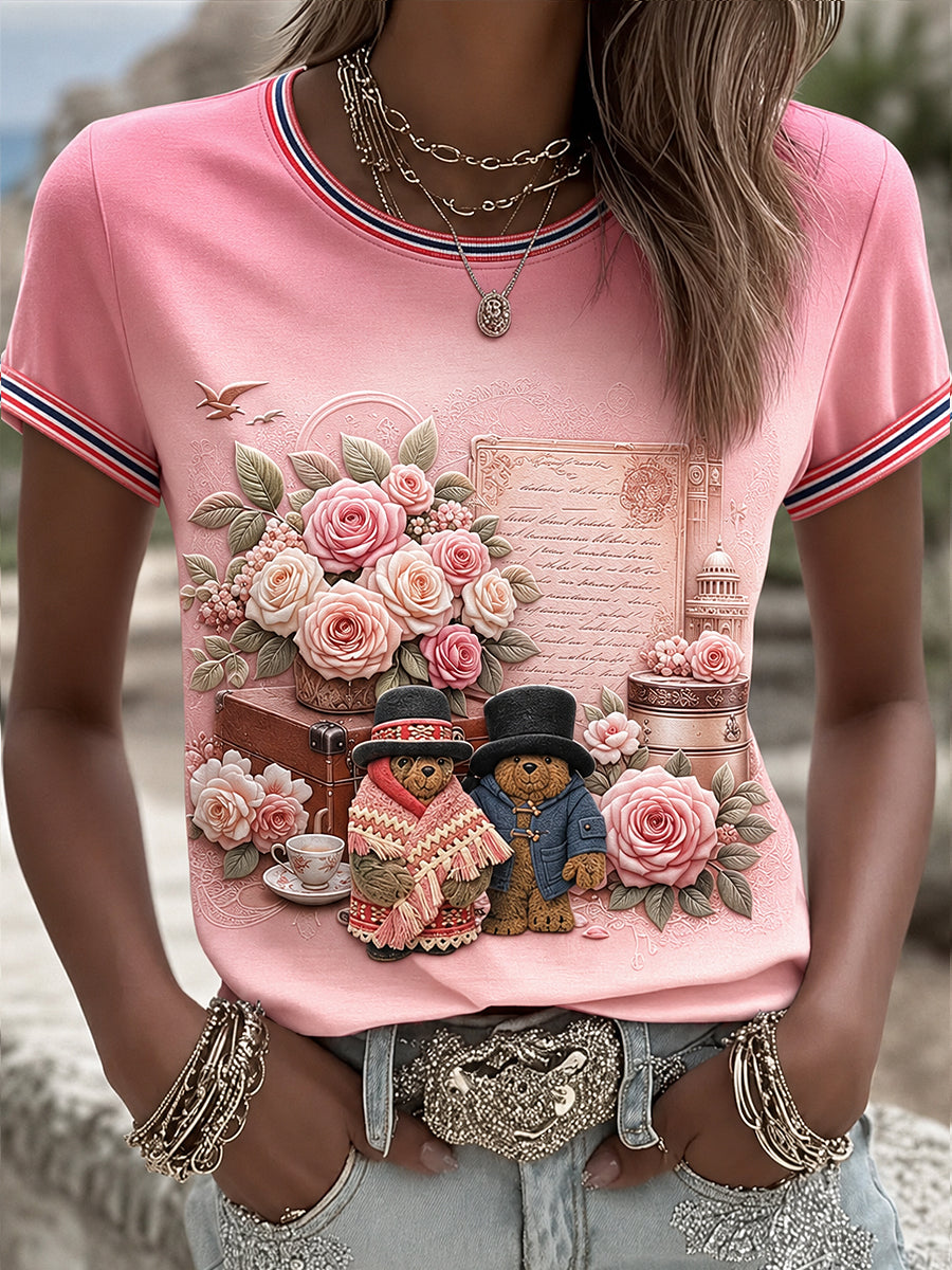 Women's Paddington Bear Printed Vintage Fashion Loose Short Sleeve T-Shirt
