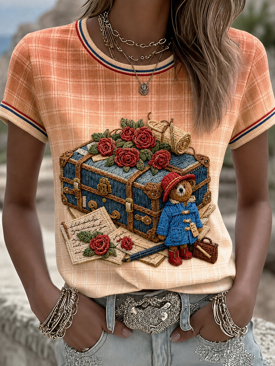Women's Paddington Bear Printed Vintage Fashion Loose Short Sleeve T-Shirt