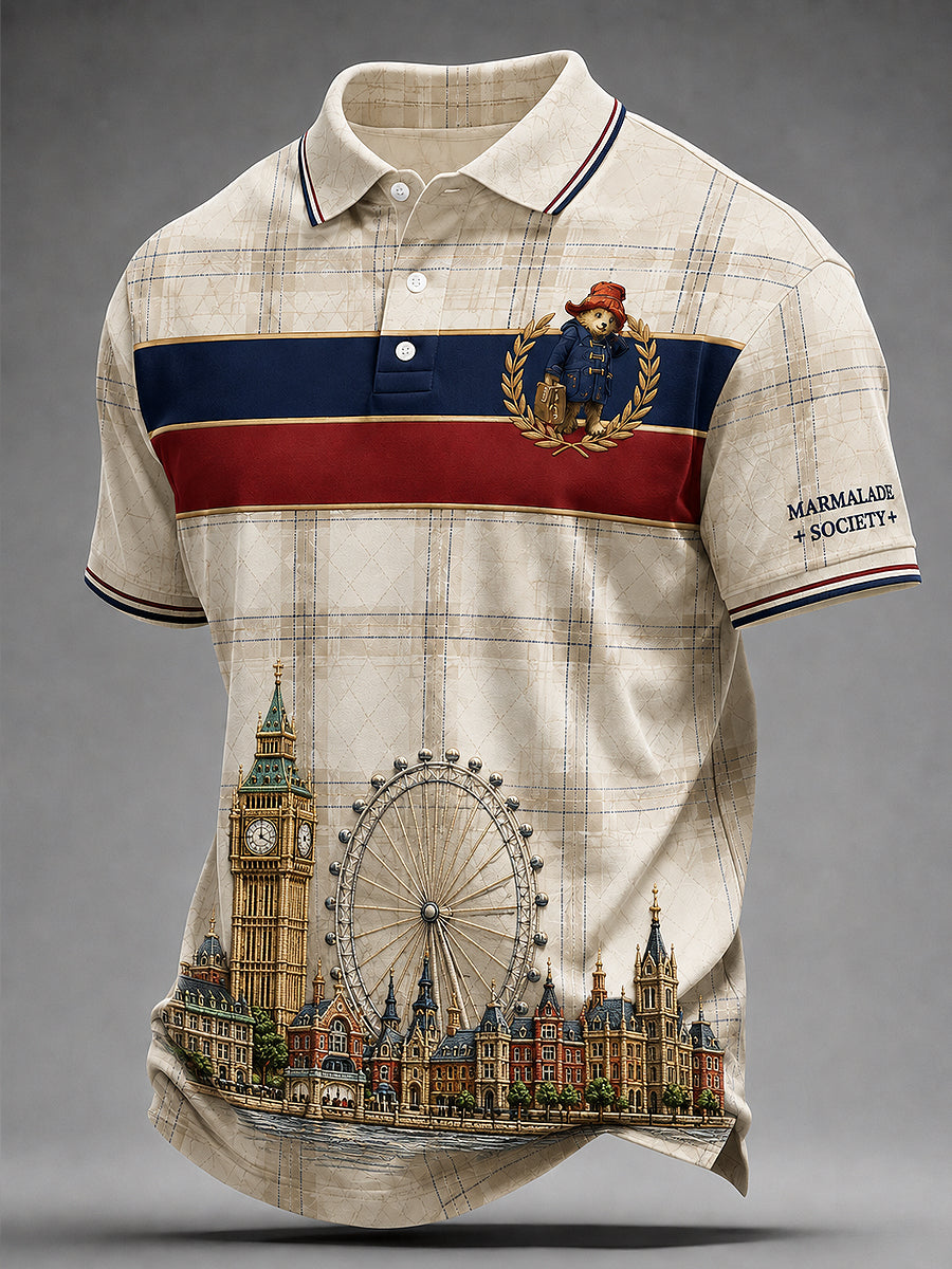 Men's Paddington Bear Print Polo Collar Casual Short Sleeved Shirt