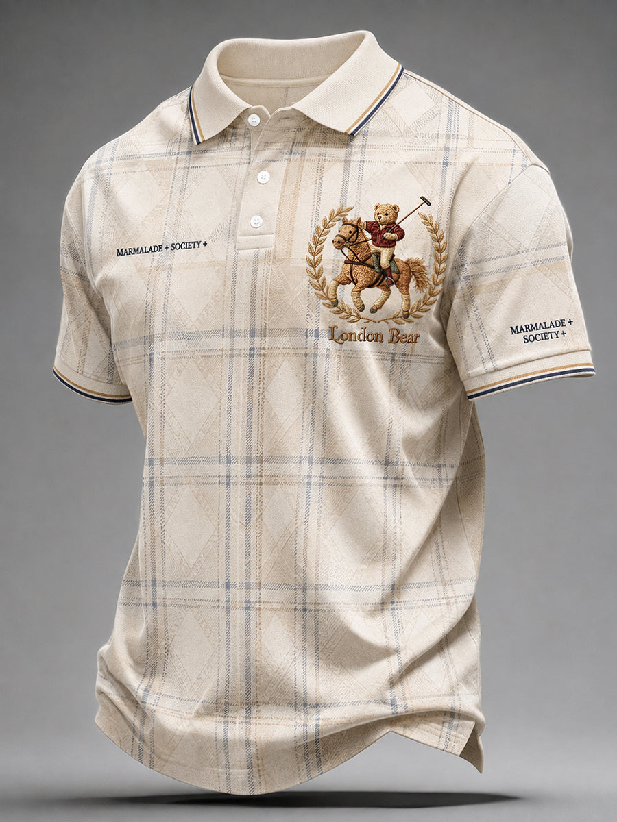 Men's Paddington Bear Print Polo Collar Casual Short Sleeved Shirt