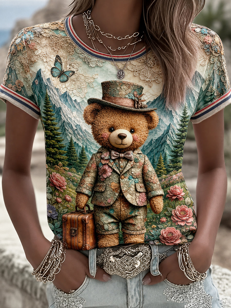 Women's Paddington Bear Printed Vintage Fashion Loose Short Sleeve T-Shirt