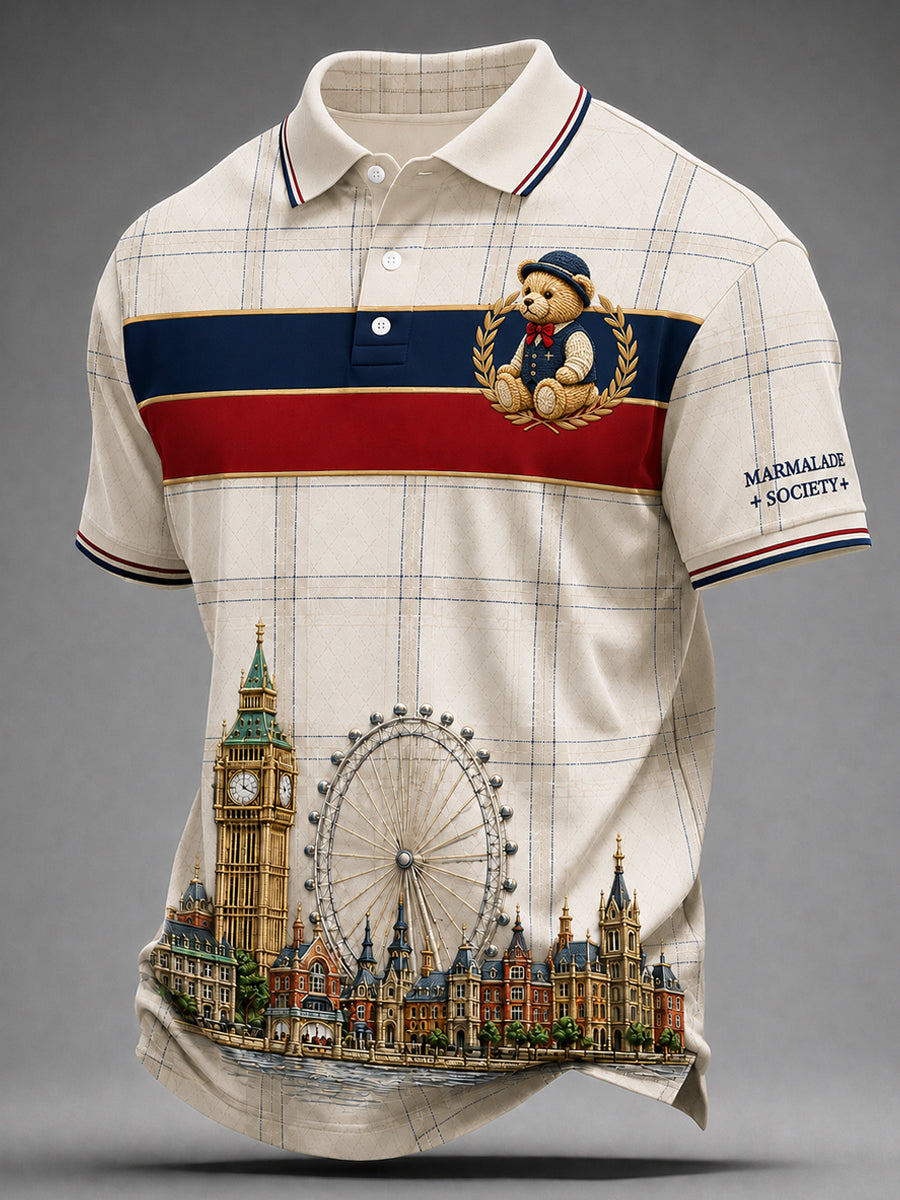 Men's Paddington Bear Print Polo Collar Casual Short Sleeved Shirt