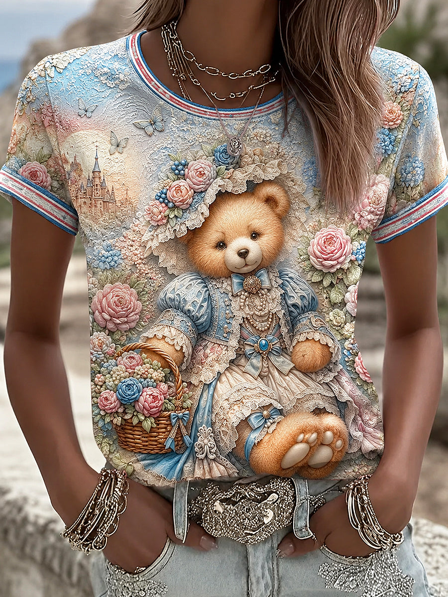 Women's Paddington Bear Printed Vintage Fashion Loose Short Sleeve T-Shirt