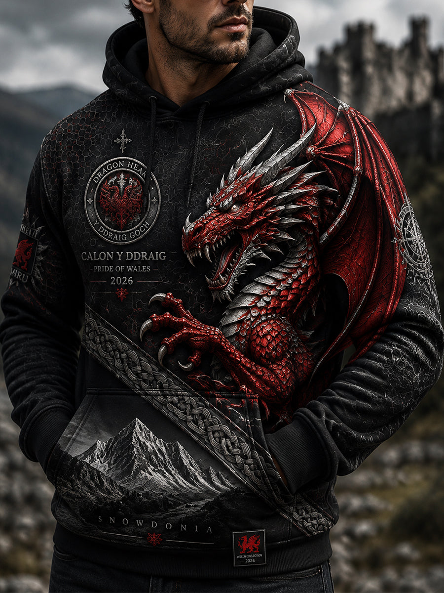 Men's Welsh Red Dragon Print Hoodie