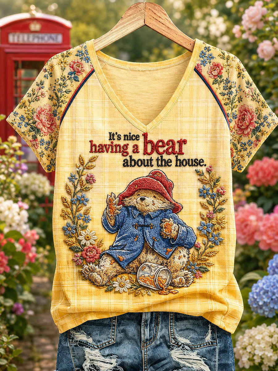 Women's Bear Printed Vintage Fashion Loose Short Sleeve T-Shirt