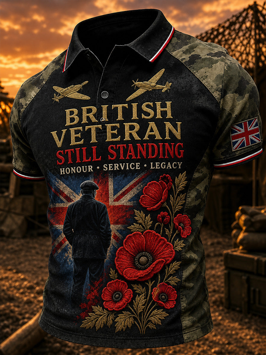 Vintage British Veteran-Inspired Graphic Casual Polo Shirt