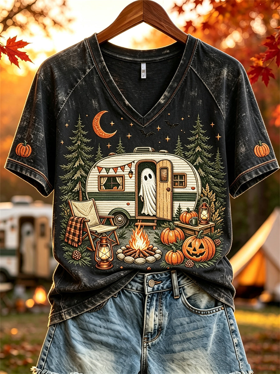 Women's Halloween Ghost Fall RV Camping Print short-sleeved T-shirt