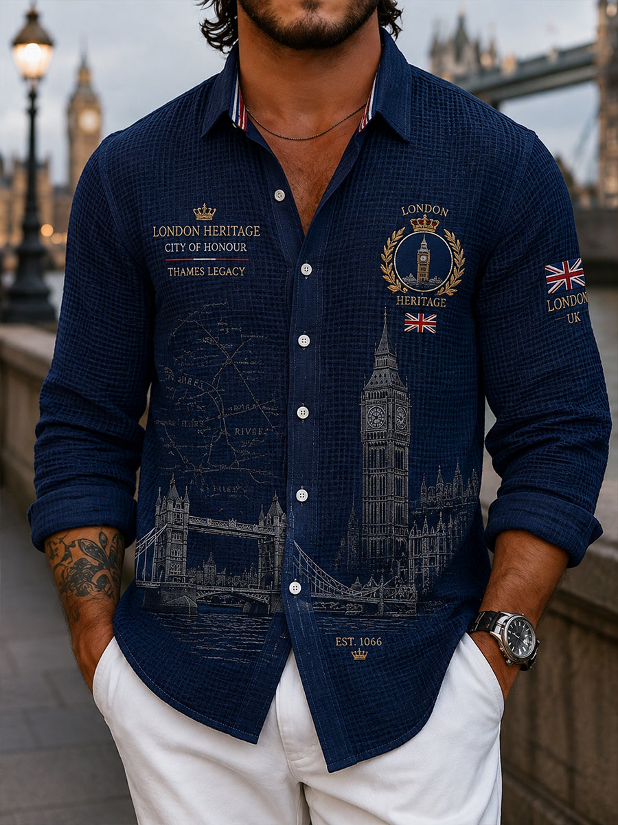 Men's City-Themed Graphic Waffle-Knit Long-Sleeve Shirt