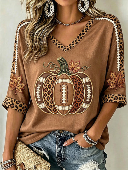 Women's Autumn Pumpkin Pattern Casual Mid-length Sleeves V-Neck T-Shirt