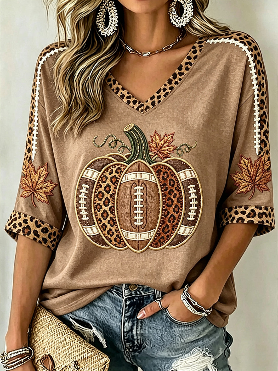 Women's Autumn Pumpkin Pattern Casual Mid-length Sleeves V-Neck T-Shirt