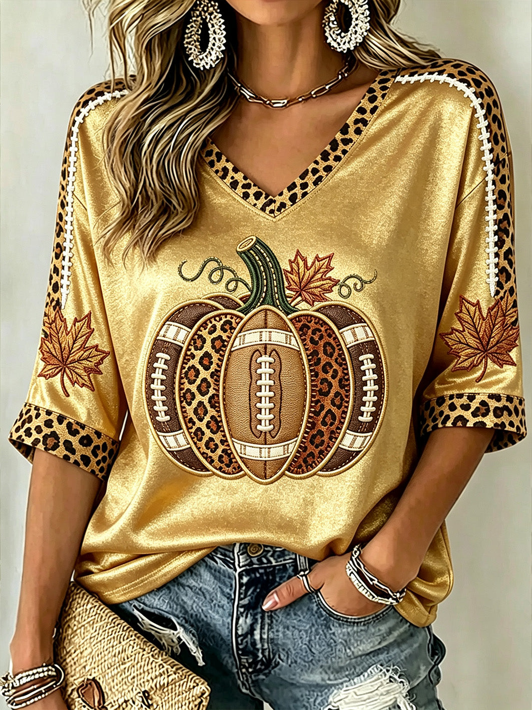 Women's Autumn Pumpkin Pattern Casual Mid-length Sleeves V-Neck T-Shirt