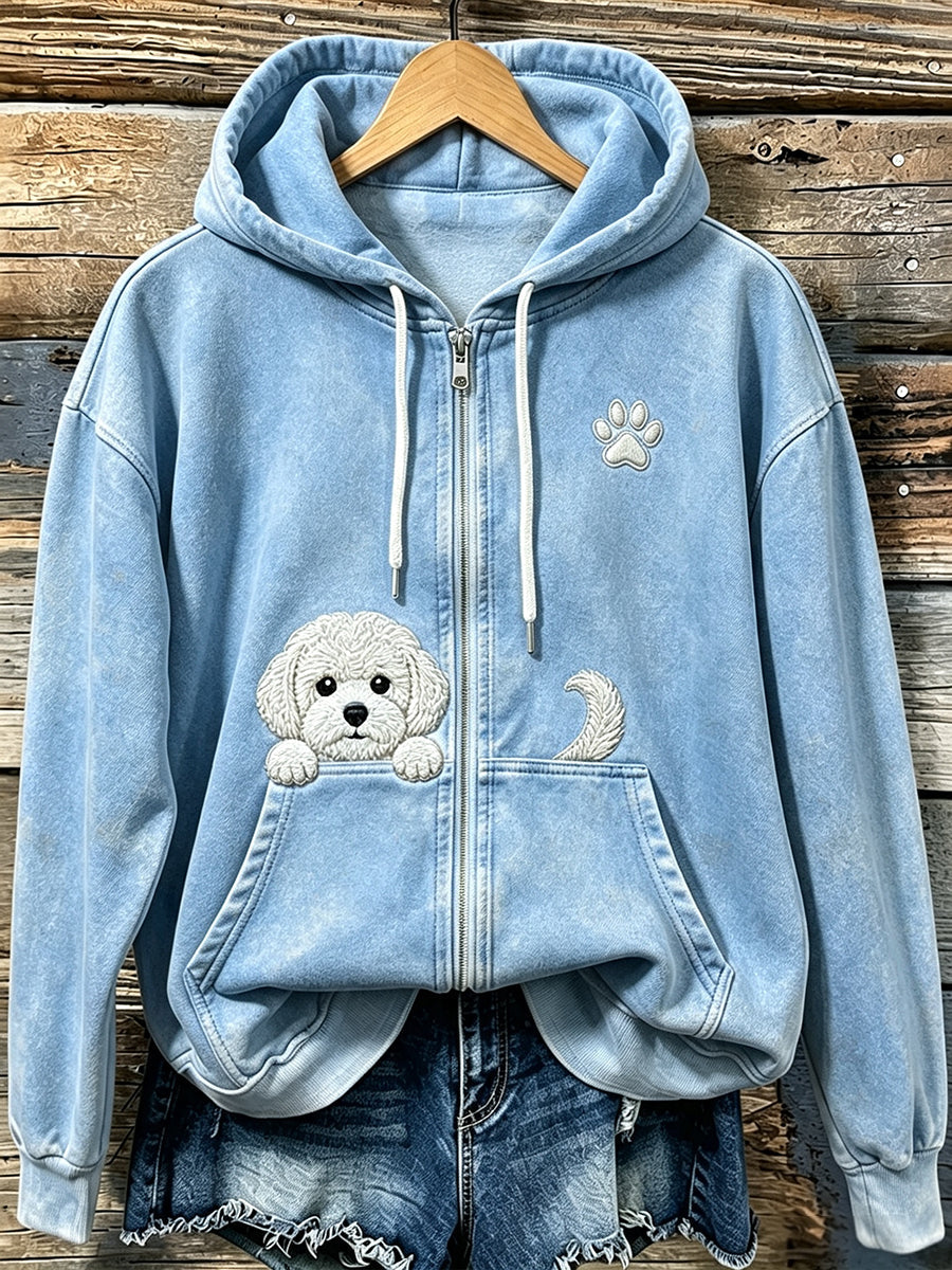 Women's Cute Peeking Bichon Frize with Paw Print Cozy Zip-Up Hoodie