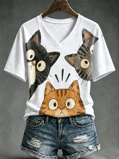 Women's Cute cat print short-sleeved T-shirt