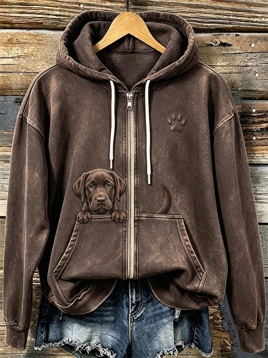 Women's Chocolate Labrador & Paw Print Cozy Zip-Up Hoodie