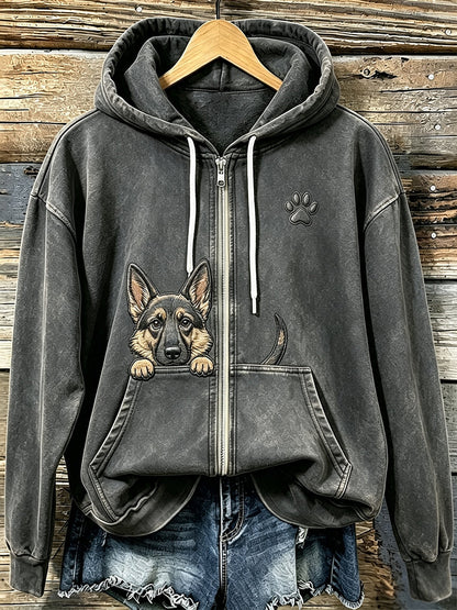 Women's Cute Peeking German Shepherd with Paw Print Cozy Zip-Up Hoodie