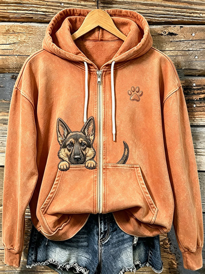 Women's Cute Peeking German Shepherd with Paw Print Cozy Zip-Up Hoodie