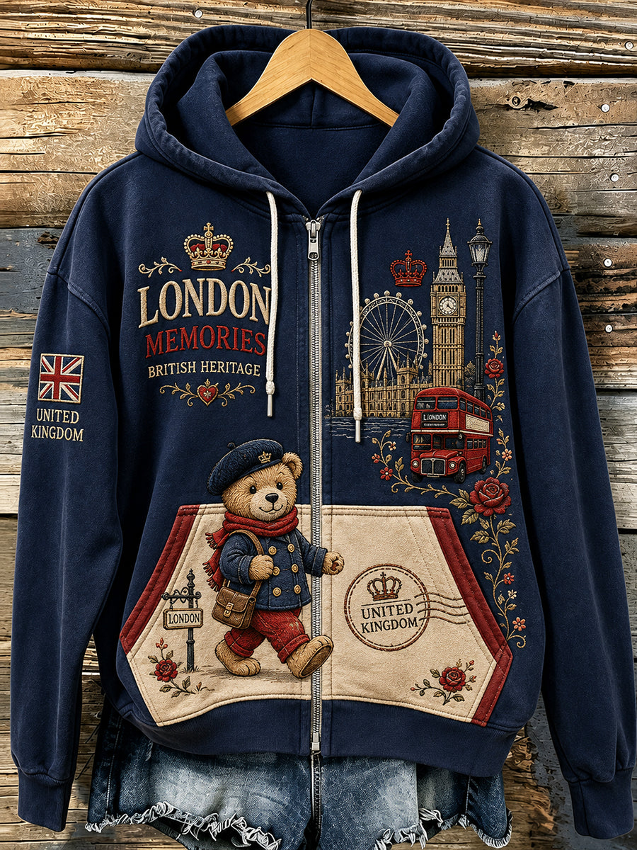 Women's City-Themed Long-Sleeve Zip-Up Hoodie With Commemorative Bear Print