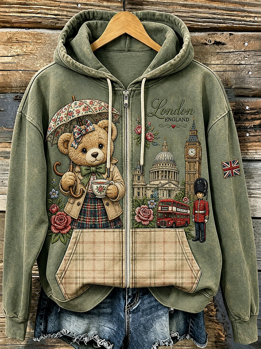 Women's City-Themed Long-Sleeve Zip-Up Hoodie With Commemorative Bear Print