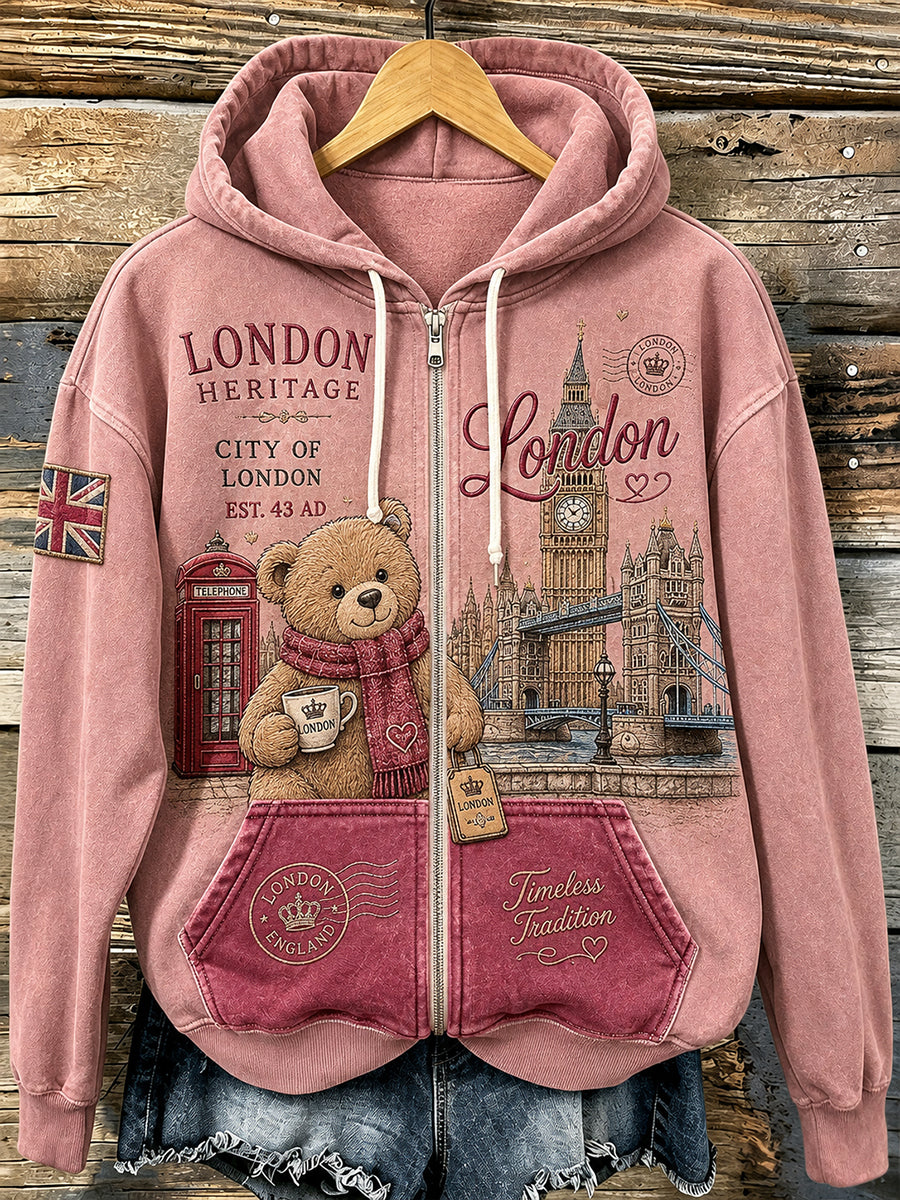 Women's City-Themed Long-Sleeve Zip-Up Hoodie With Commemorative Bear Print