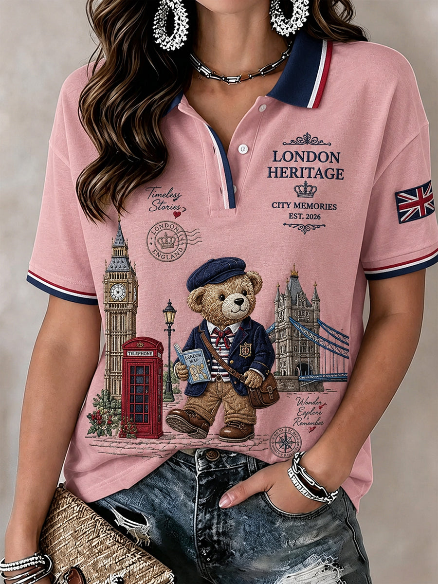 Women's City Commemorative Short-Sleeve Polo Shirt With Bear Motif Print