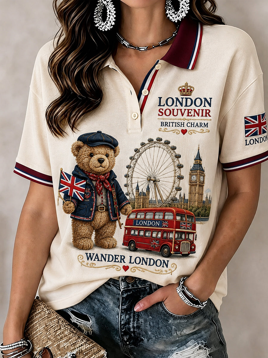 Women's City Commemorative Short-Sleeve Polo Shirt With Bear Motif Print