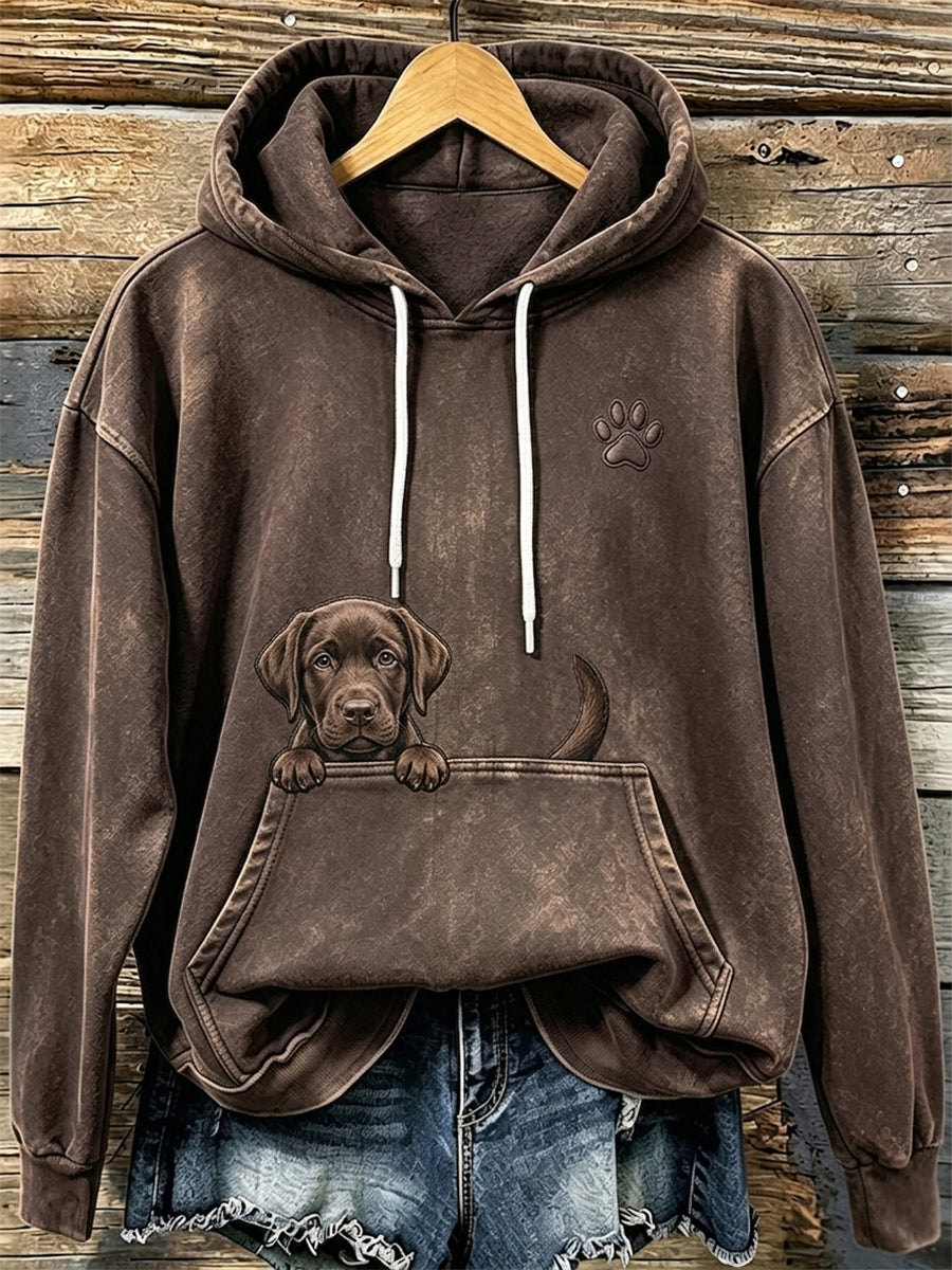 Women's Cute Peeking Chocolate Labrador Retriever & Paw Print Cozy Hoodie