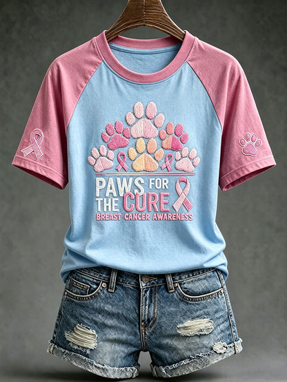 Women's breast cancer theme Paws For The Cure slogan cute dog print casual short-sleeve T-shirt